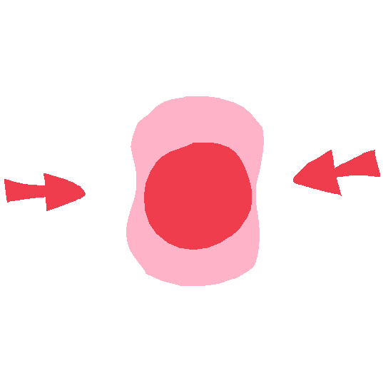 a stylized drawing of a red circle with two arrows on either side of it pointing in. the circle has a thick pale outline to represent motion, which is squished inward